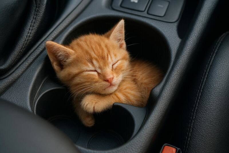 Afbeelding van een kitten in een bekerhouder in een auto.