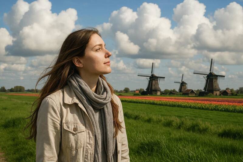 Afbeelding van een vrouw die naar de wolken kijkt.