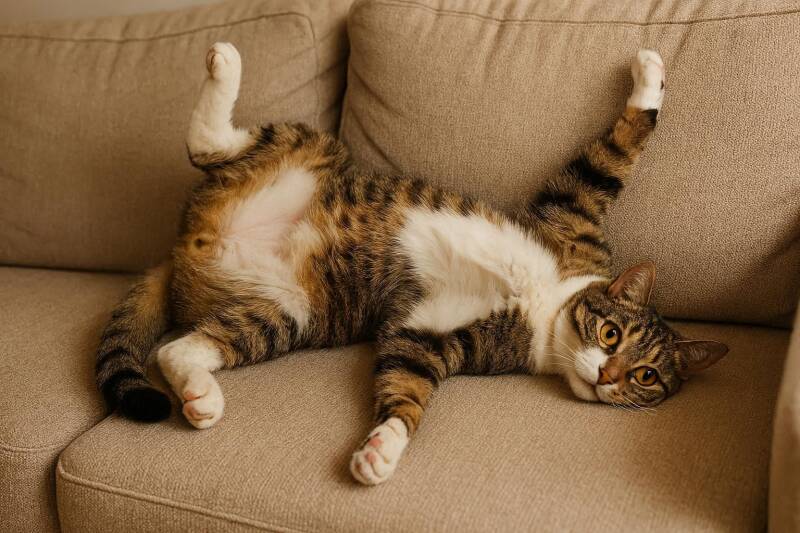 Afbeelding van een kat in een vreemde houding.