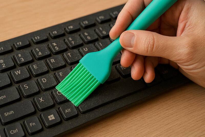 Afbeelding van toetsenbord die wordt afgstoft met een bakkwast.