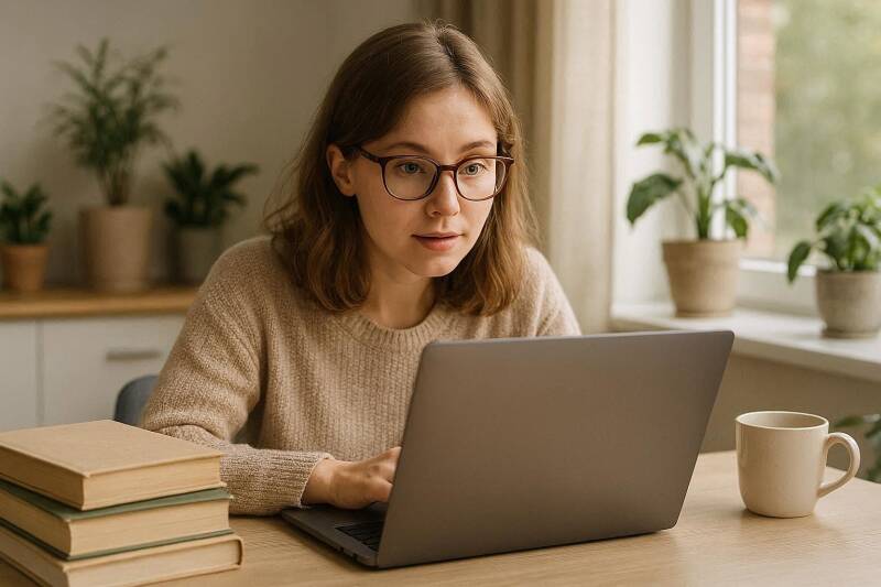 Afbeelding van een vrouw die achter een laptop zit.