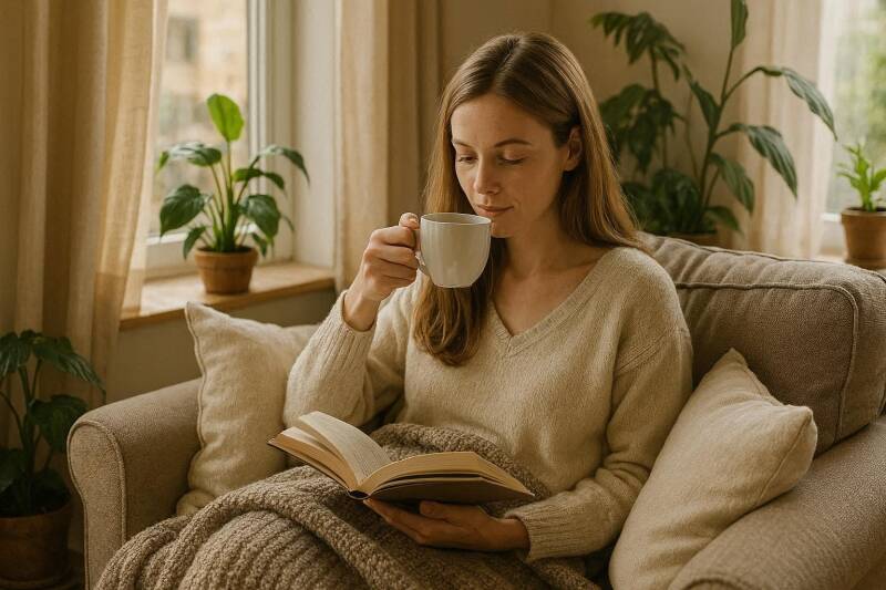 Vrouw dreinkt koffie en leest een boek.