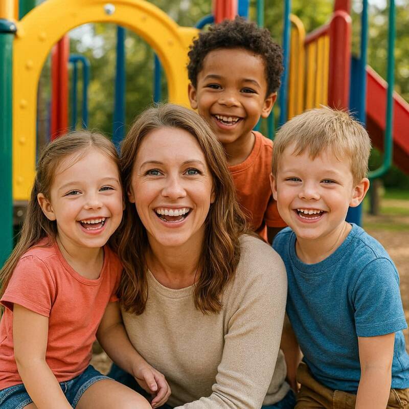 Afbeelding van een vrouw met kinderen om haar heen.