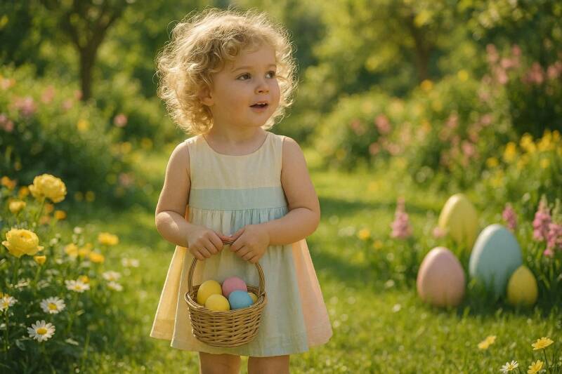 Afbeelding van een meisje dat paaseieren zoekt.