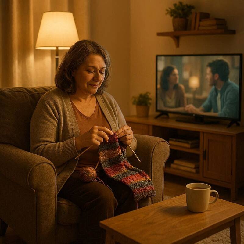 Afbeelding van een vrouw die breit en tv kijkt.