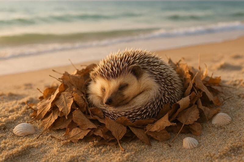 Afbeelding van een egel die een winterslaap houdt op het strand.