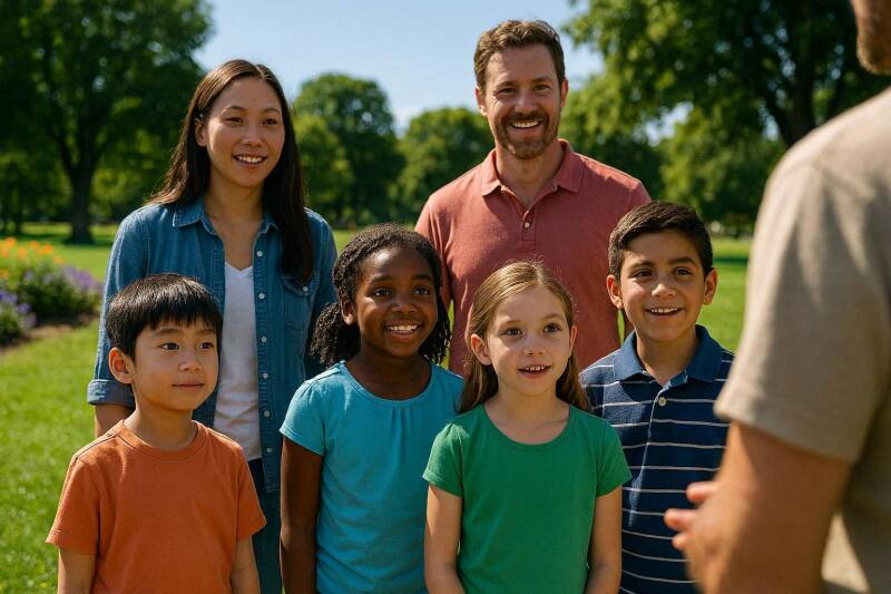 Afbeelding van volwassenen en kinderen die iemand iets vragen.