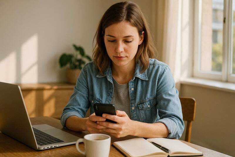 Afbeelding van een vrouw die bezig is met haar smartphone.