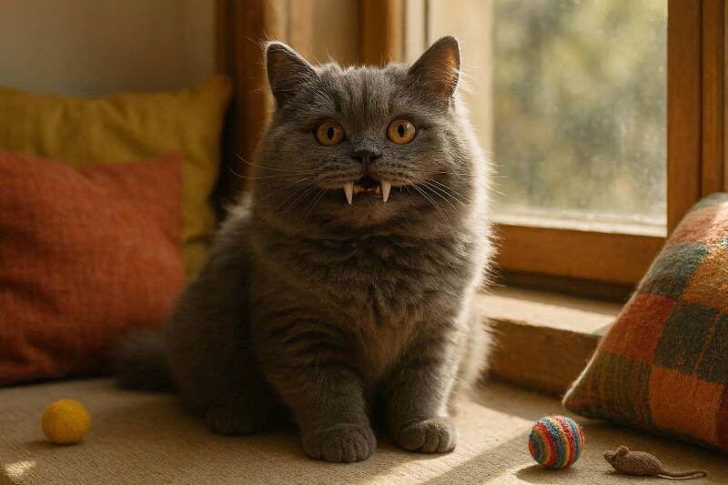 Afbeelding van een kat met vampiertanden.