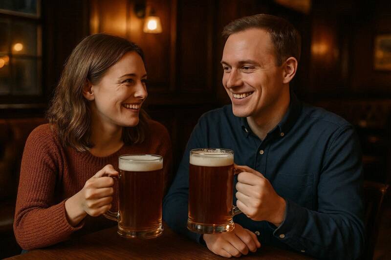 Afbeelding van een echtpaar dat met een biertje in een bruine kroeg zit.