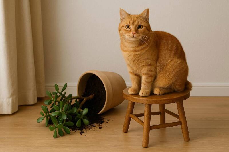 Afbeelding van een kat die een plant op de grond heeft gegooid.