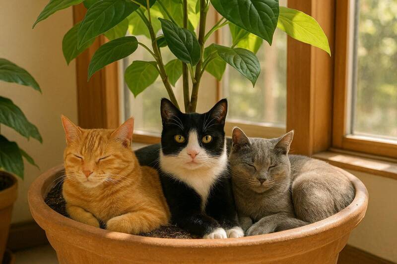 Afbeeldinng van een plant met drie katten.