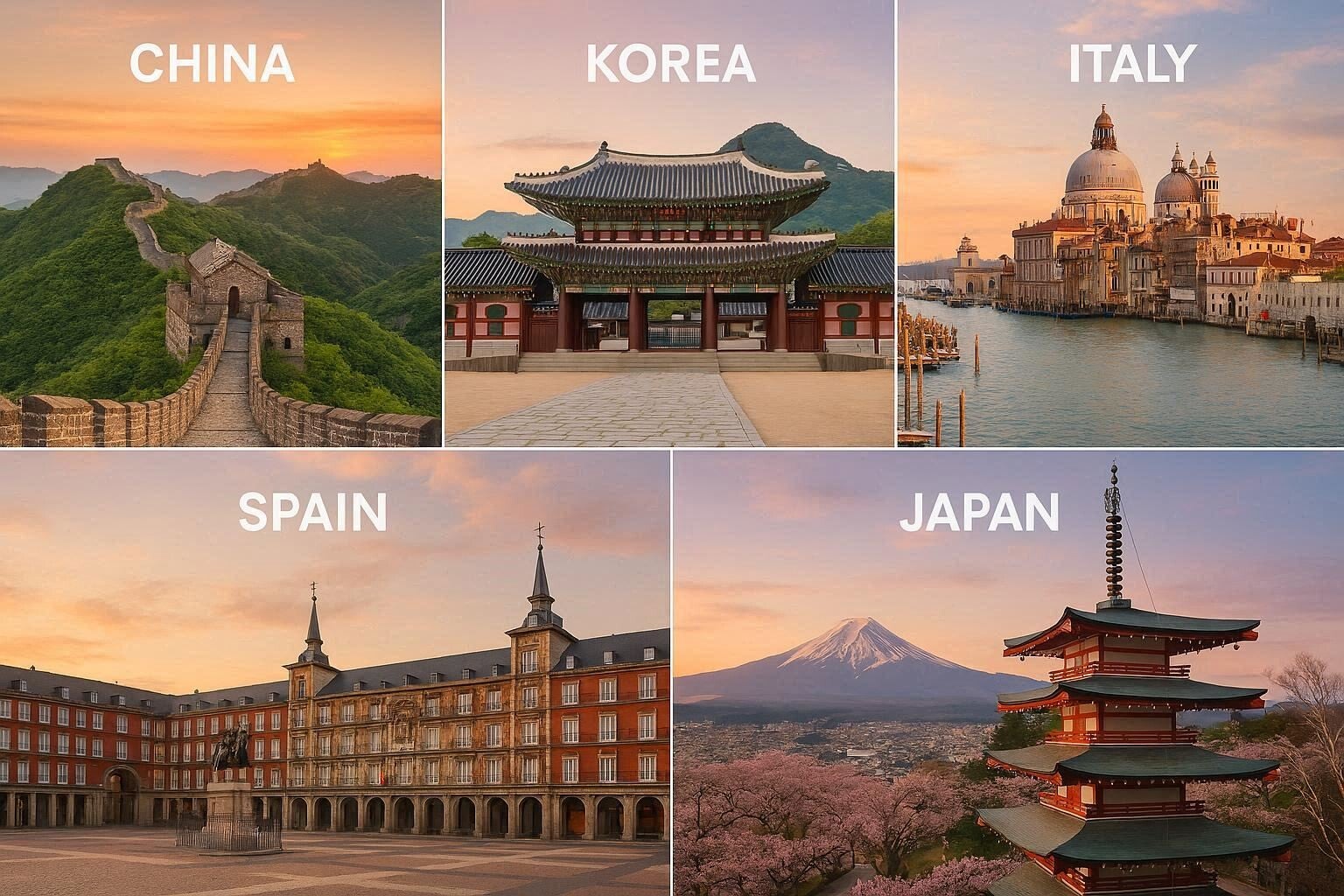 Afbeelding van China, Korea, Italië, Spanje en Japan.