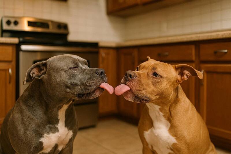 Afbeelding van twee pitbulls die hun tongen naar elkaar uitsteken.
