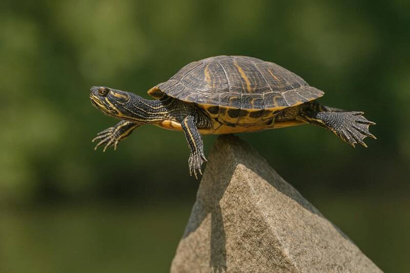 Afbeelding van een schildpad die aan planking doet.