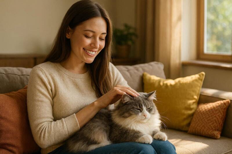Afbeelding van een vrouw die een kat aait.