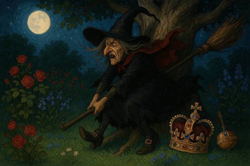 Afbeelding van een heks die op haar bezem tegen een boom is gebotst.