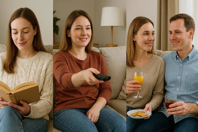 Vrouw die leest, tv kijkt en een drankje drinkt met haar man.