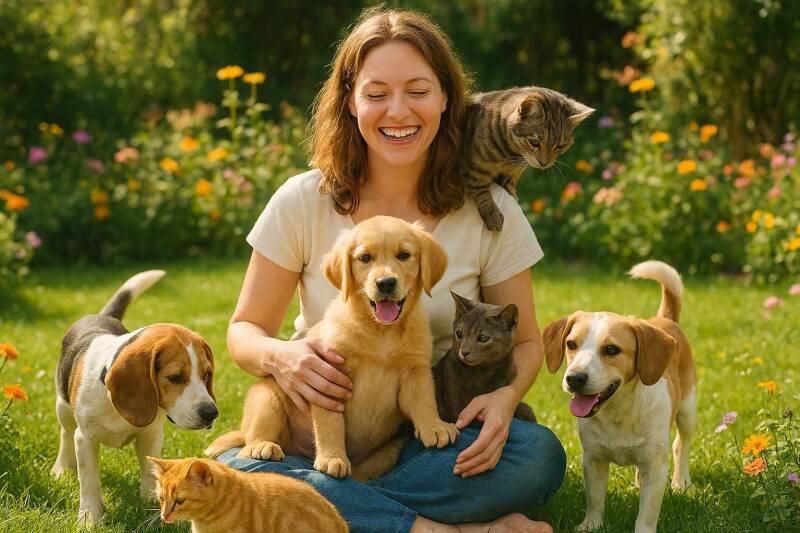 Afbeelding van een vrouw met katten en honden.