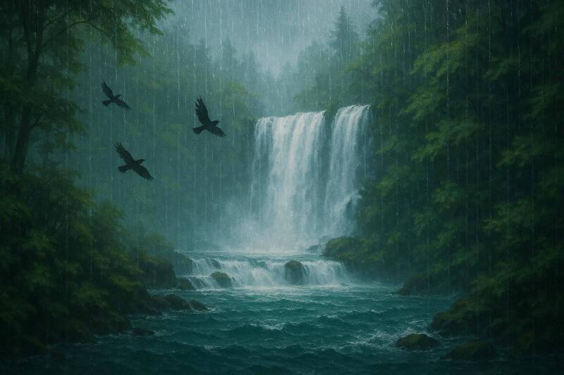 Regen in een bos met een meer, waterval en vogels.