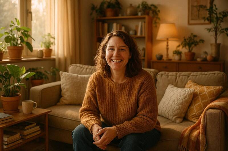 Afbeelding van een blije vrouw in de woonkamer.