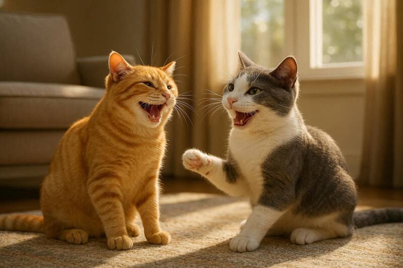 Afbeelding van twee katten die lol hebben met elkaar.