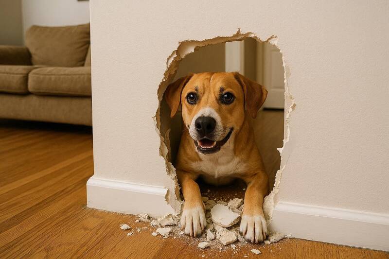 Afbeelding van een hond die een gat in de muur heeft gemaakt.
