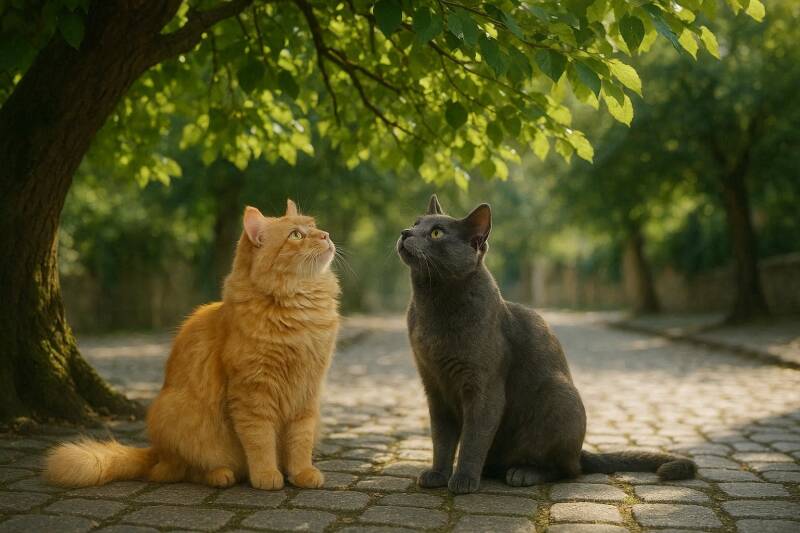 Afbeelding van twee katten die omhoog staren.