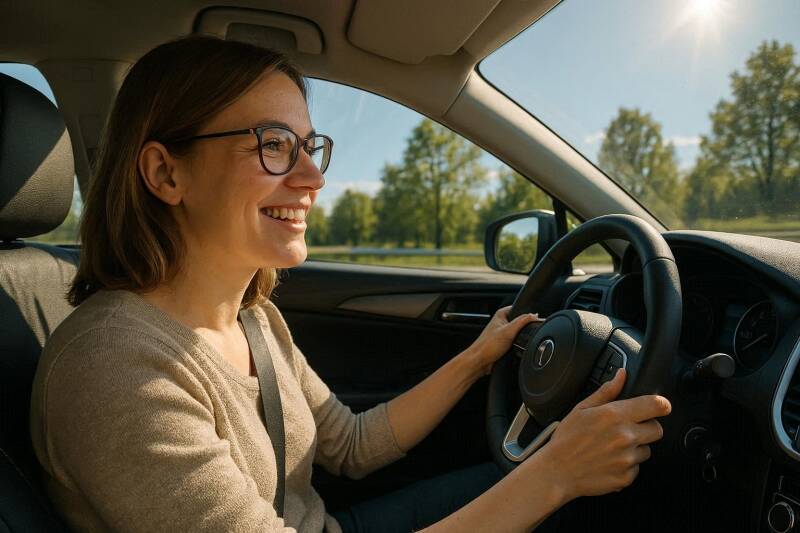 Afbeelding van een vrouw die autorijdt.