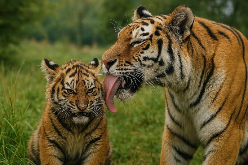 Afbeelding van een boze welp die wordt gewassen door zijn moeder.