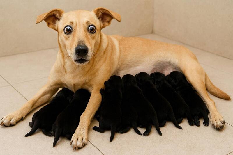 Afbeelding van een moederhond met acht pups.