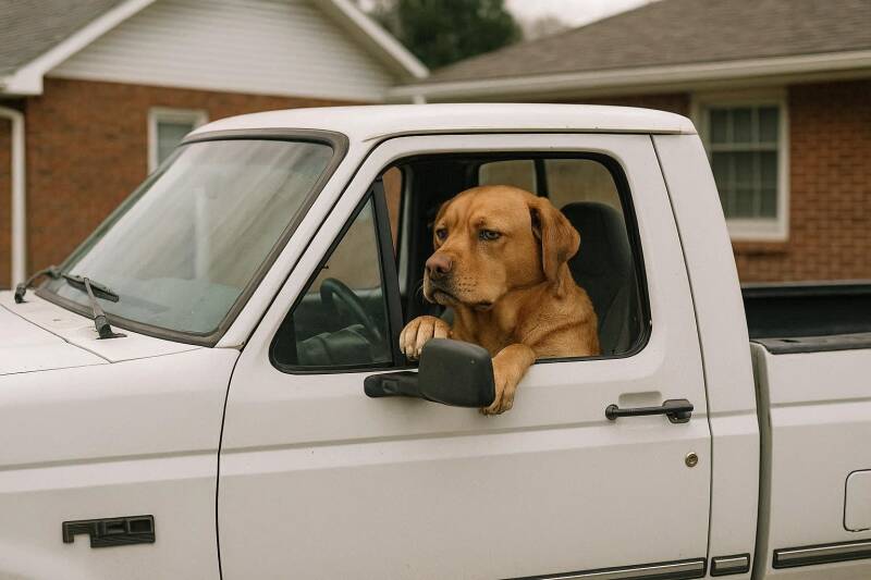 Afbeelding van een ongeduldige hond achter het stuur van een vrachtwagen.