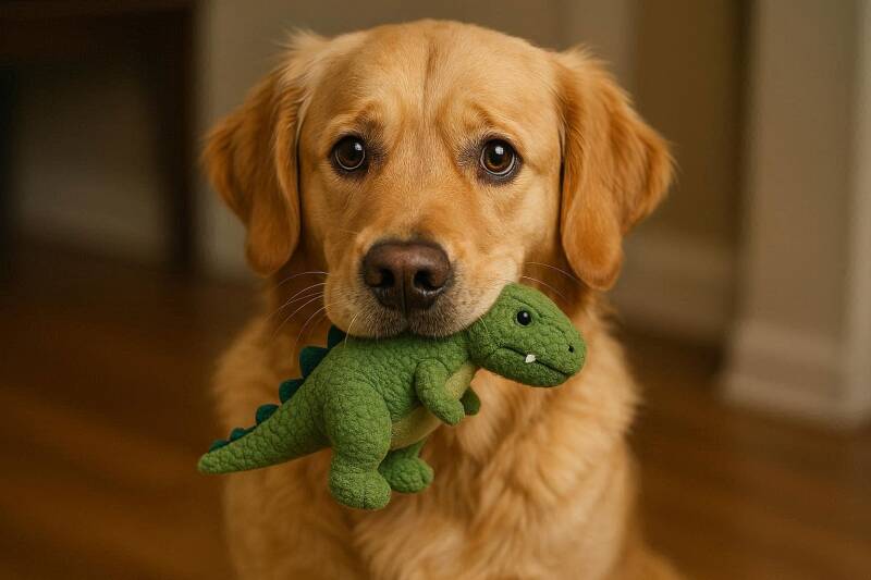 Afbeelding van een hond met een speelgoed dino in zijn bek.