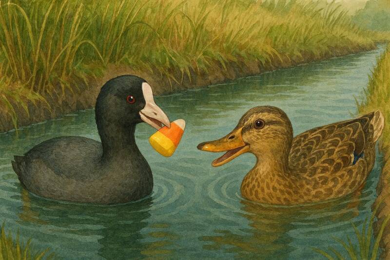 Afbeelding van een meerkoet en een eend in een sloot.