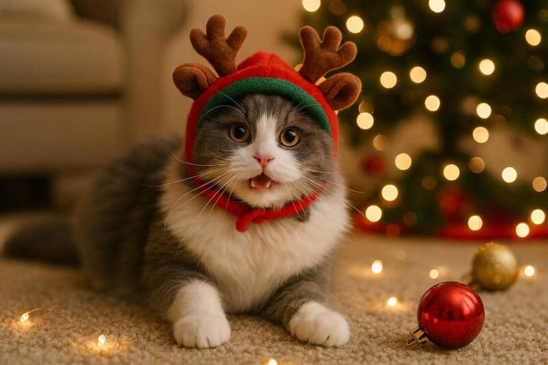 Afbeelding van een kat met een rendiermuts op.