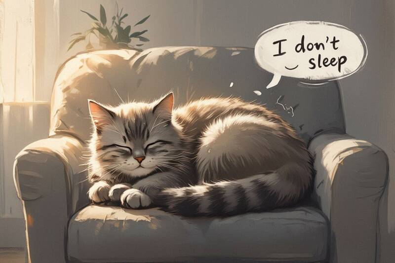 Afbeelding van een kat die beweert niet te slapen.