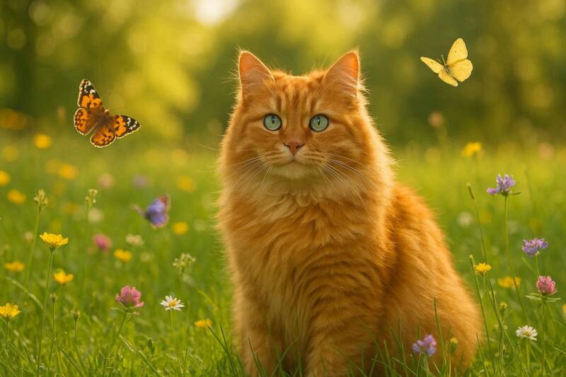 Afbeelding van een kat met vlinders.