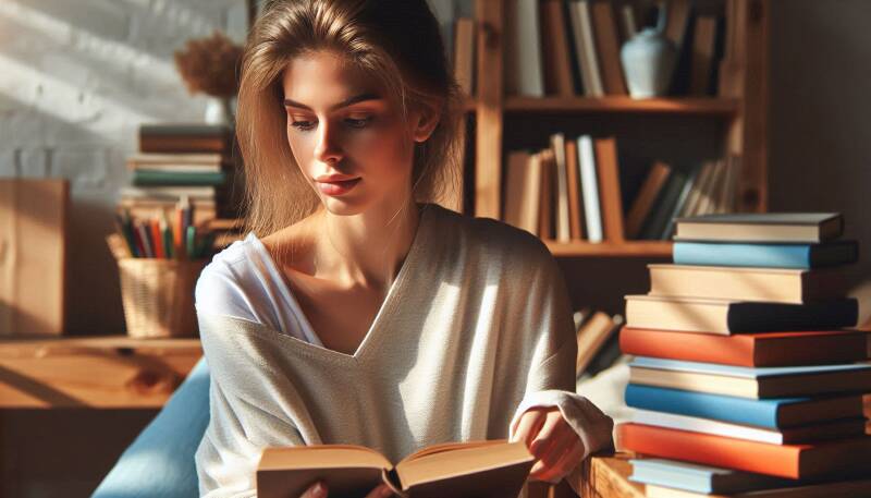 Afbeelding van een vrouw die een boek leest.