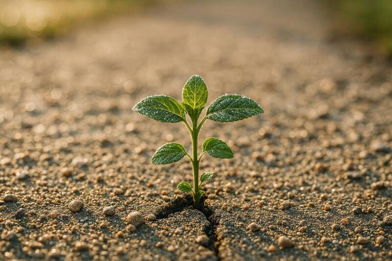 Plantje dat op grindpad groeit.