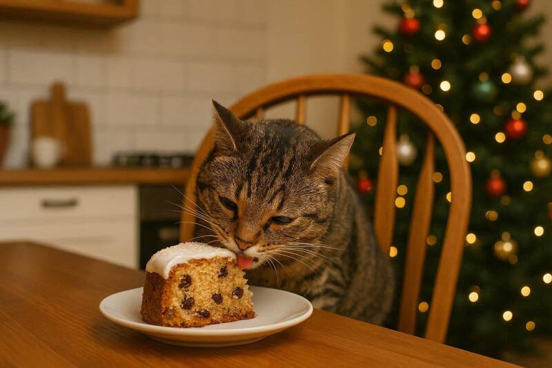 Afbeelding van een kat die een kersttaart eet.