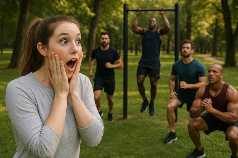 Afbeelding van een vrouw diee verbaasd naar sporters kijkt.