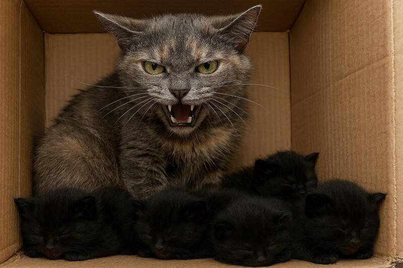 Afbeelding van een boze moederpoes met kittens.