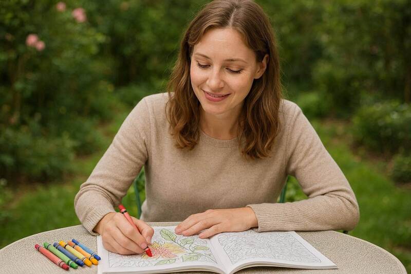 Vrouw die aan het kleuren is in de tuin.