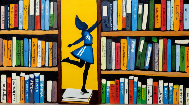 Boekenkast met boeken en ballerina.