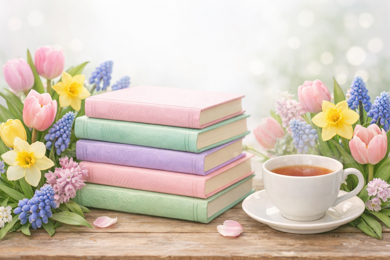 Afbeelding van een stapel boeken met bloemen en een kop thee.
