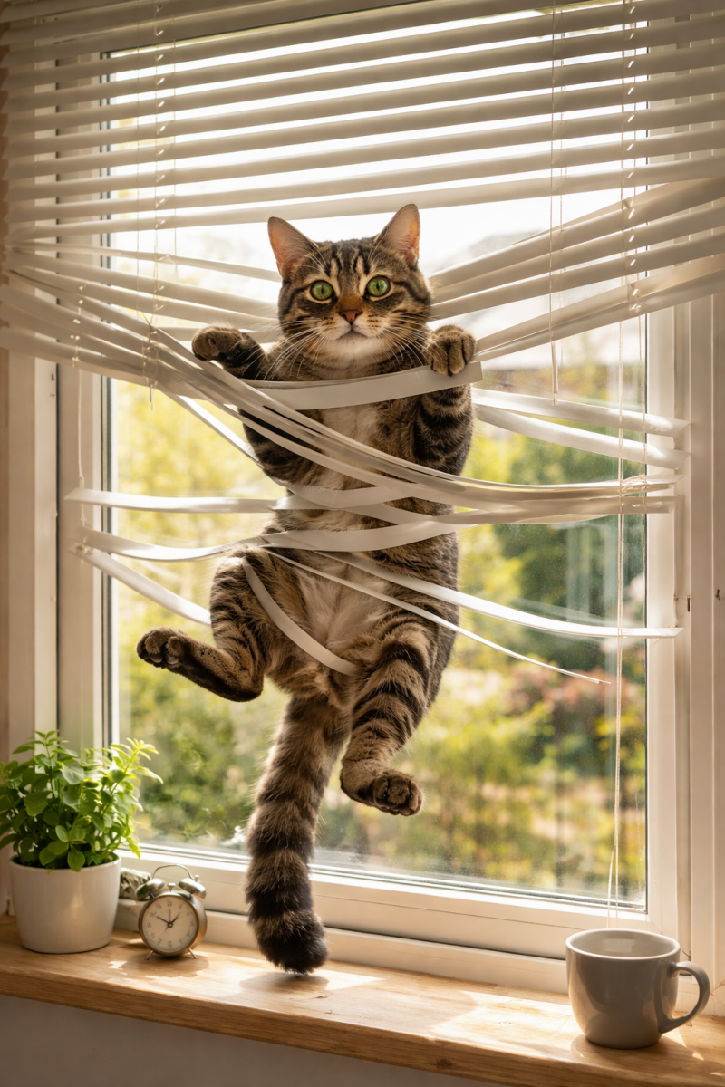 Afbeelding van een kat die verstrikt is in luxaflex.