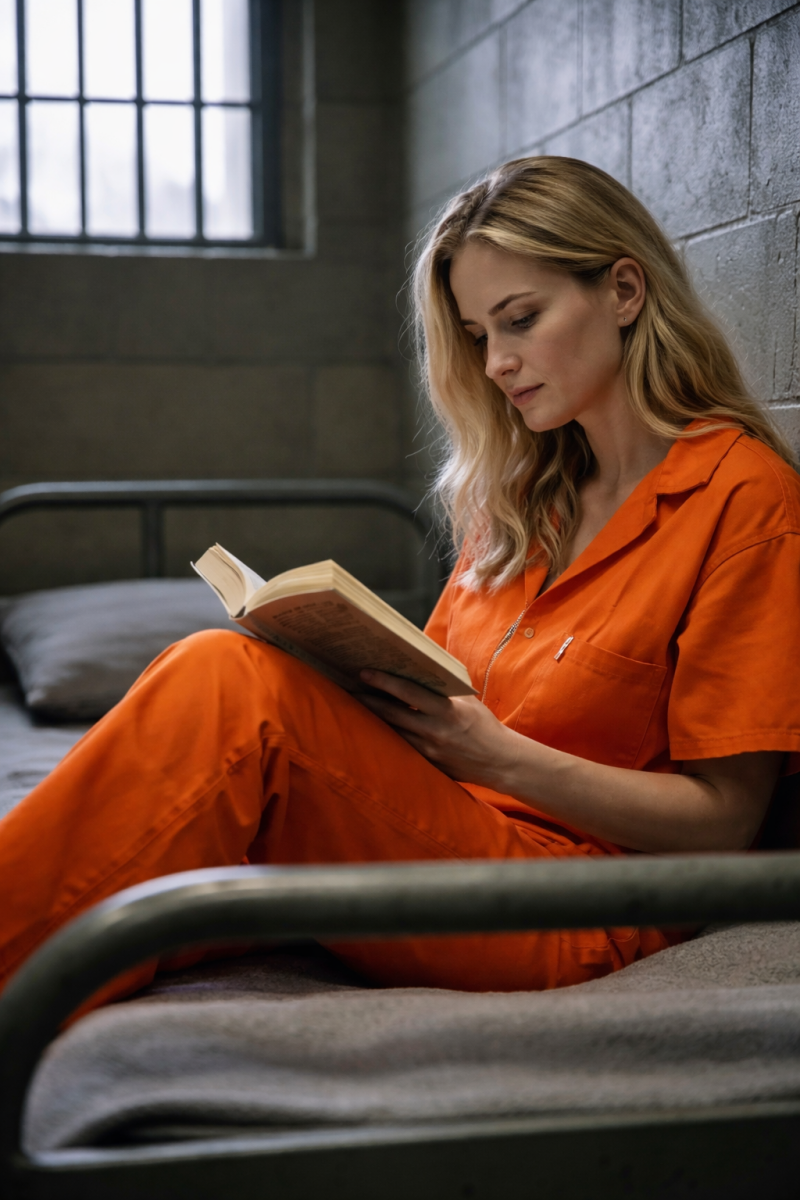 Afbeelding van een vrouw die in de gevangenis aan het lezen is.