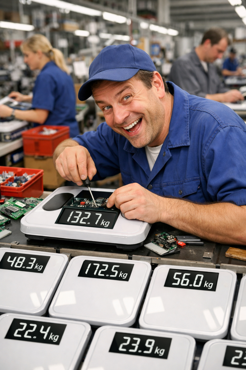 Afbeelding van een lolbroek in een personenweegschaalfabriek.