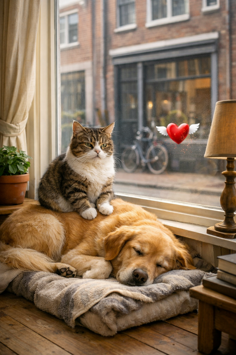 Kat zit op hond 