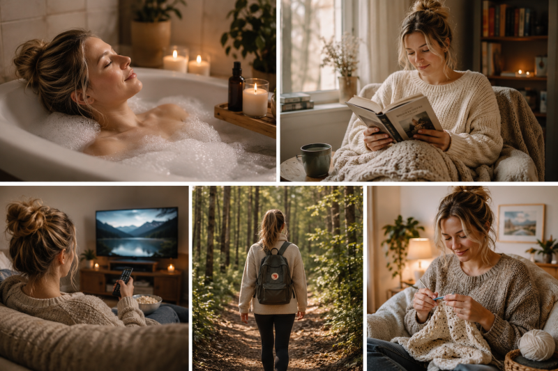 Collage van vrouw in bad, vrouw die leest, vrouw die tv kijkt, vrouw die wandelt en een vrouw die haakt.